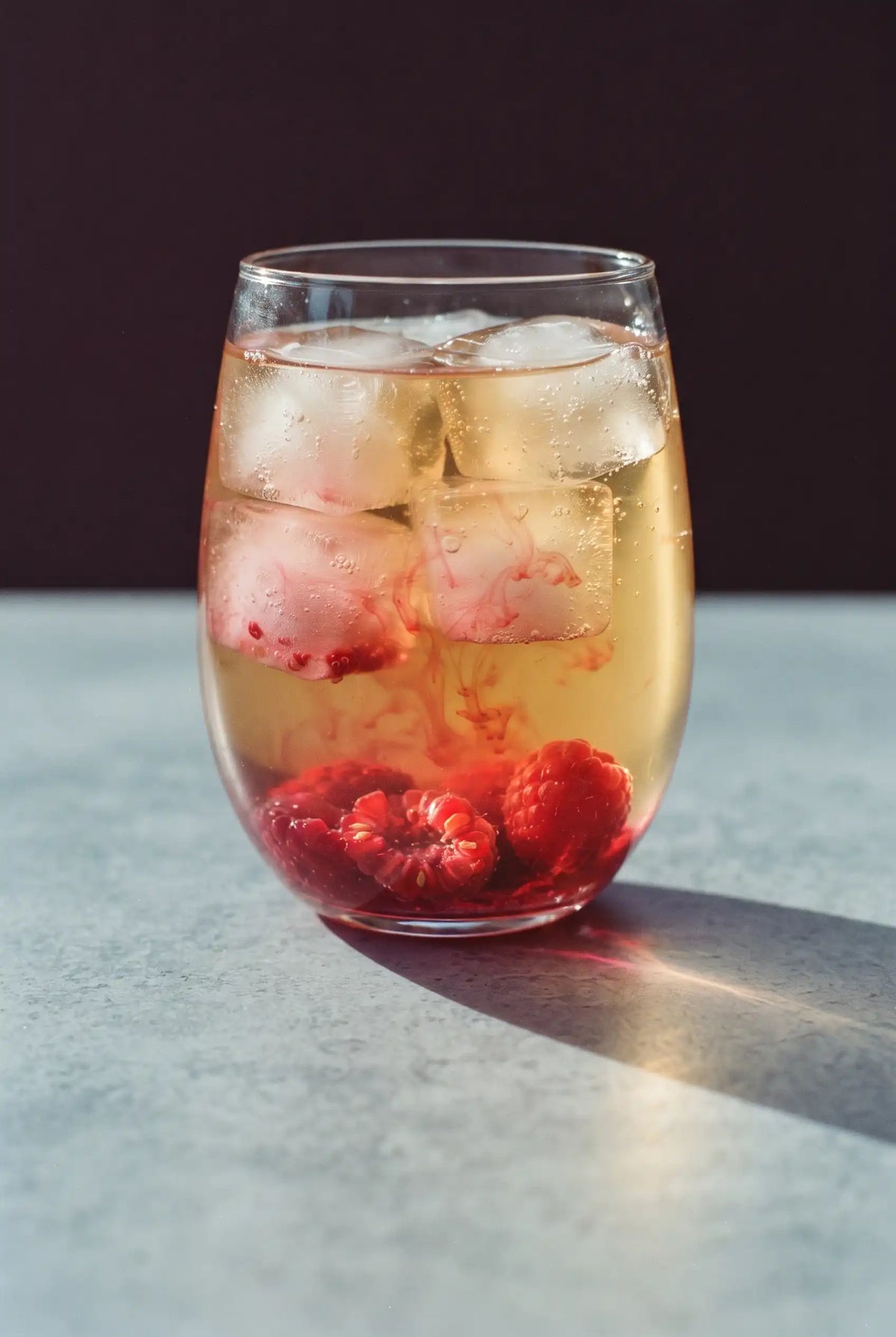 Kinn and Raspberry: a wine glass of Kinn with crushed raspberries fading red into gold